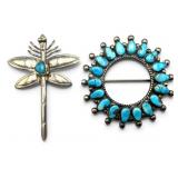 Two Sterling & Turquoise Southwest Style Brooches