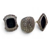 3 Sterling Onyx & Marcasite rings