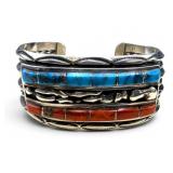 Silver Turquoise and Coral Cuff