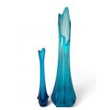 Two Turquoise Blue Swung Glass Vases