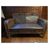 Vintage Wicker Settee with Leather Upholstery