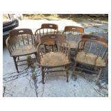 Set of Five Antique Oak Press-Back Captains Chairs