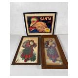 Trio of Framed Vintage Santa Claus Illustrations