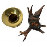 Polished Brass Spittoon and Carved Wood Spirit Wal