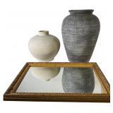 Three Crate and Barrel Vases and Gilded Mirror