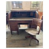 American Quartersawn Oak Roll Top Desk and Chair