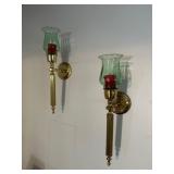 Pair of 16 Inch Brass Wall Sconces with Green Glas