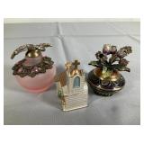 Three Enameled Trinket Boxes and Vanity Bottle