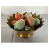 Brass Footed Bowl with Assorted Stone Eggs