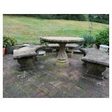Four-Piece Cast Stone Pedestal Table and Bench Set