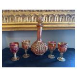 Marigold Carnival Glass Decanter and Stemware