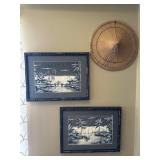 A Pair of Silk Paintings and a Conical Hat