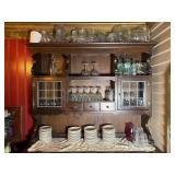 Wooden Hutch with Restaurant Glassware and Dishes