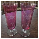 Cranberry Etched Glass Footed Vases