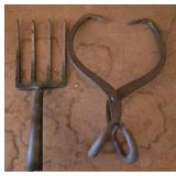Antique Cast Iron Ice Tongs & Fork