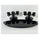 Fenton Black Glass Candle Sticks & Platter (3)
