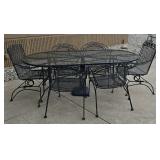 Wrought Iron Patio Table, Chairs, Umbrella Stand