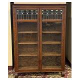 Antique Mission Style-Stained Glass Oak Bookcase