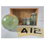 Replogle Globe, Ball Jars, Lucite Numbers & Crate