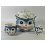 Lefton 'Miss Priss' Blue Cat Planter, Sugar Bowl +