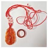 Chinese Red Jade Pendant Necklace & Ring (7.5)