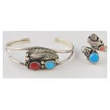 Sterling Navajo Turquoise & Coral Ring & Cuff