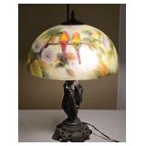 Reverse Paint Parrot Dome & Figural Bronze Lamp