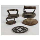 Antique Cast Iron Pressing Irons & Trivet (5)