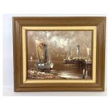 Ships In Harbor Oil Painting Signed R. Lindstrom