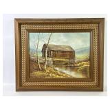Covered Bridge Landscape Oil Painting - Signed