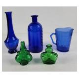Green & Cobalt Blue Glass Bottles (5)