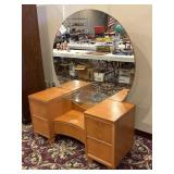 Art Deco Blond Veneer Round Mirror Vanity