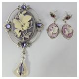 Victorian Carved Butterfly Cameo Earrings & Brooch