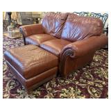 Brown Leather Loveseat & Ottoman Nailhead Trim