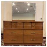 MCM Wheat Mahogany Brass Accent Mirrored Dresser