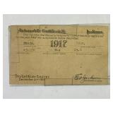 1917 Indiana Studebaker Automobile Certification