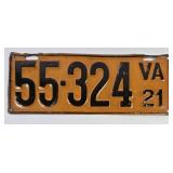 1921 Virginia Passenger Car License Plate