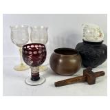 Copper & Black Glass Bowls,  Etched Goblets + (7)
