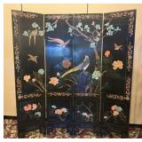 Asian Hand Painted Black Lacquer 4-Panel Screen