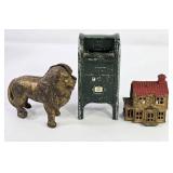 Cast Iron Lion, Mail Box & Colonial Home Banks