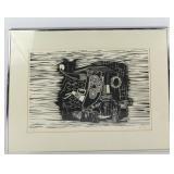 Abstract Woodblock Etching Signed