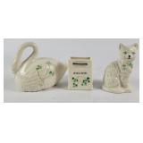 Belleek Ireland Swan, Cat, Shopping Bag Figurines