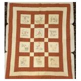 Hand Sewn Redwork Ozark Storybook Quilt