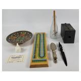 Cribbage Board, Vintage Camera, Brass Bowl+ (8)