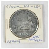 5 Pesetas Coin Spain 1869