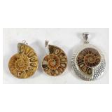 Silverplate Encased Ammonite Fossil Pendants (3)