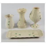 Belleek Ireland Vases, Tray, & Candle Holder (4)