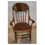 Carved Leather Oak Spindle Chair
