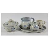 Blue Stoneware Pottery Pitcher, Vase, Plate+ (5)