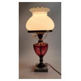 Cranberry Etched Glass Hurricane Lamp